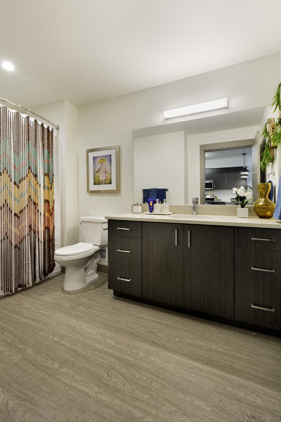 a bathroom with a shower and a toilet and a sink