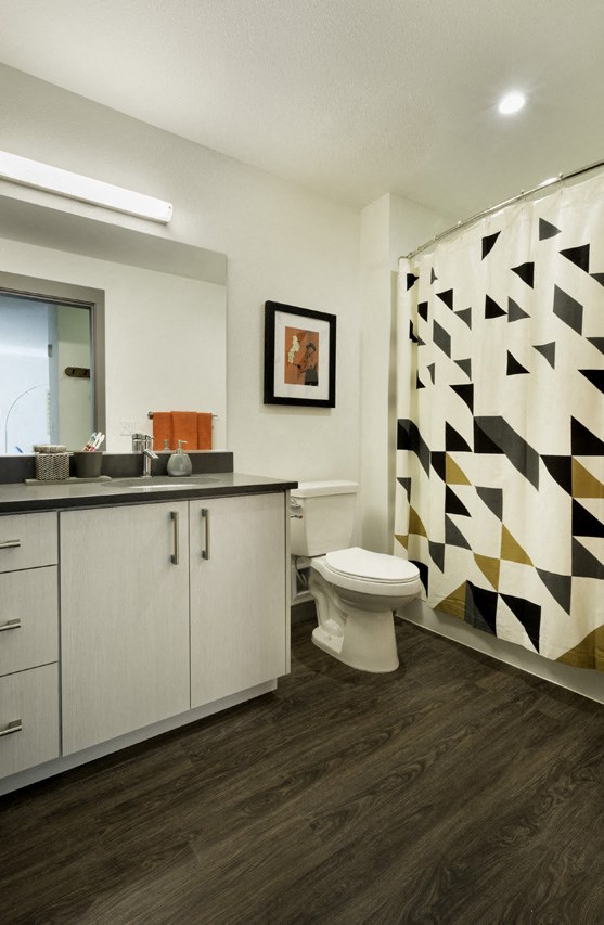 a bathroom with a white toilet and a black and white shower