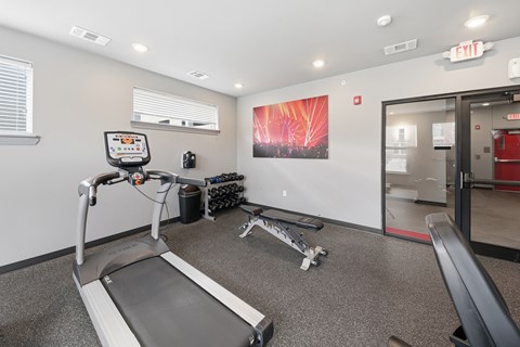 A treadmill in a gym with a red painting on the wall.