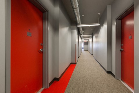 a hallway with red doors and gray walls and a red carpet on the floor