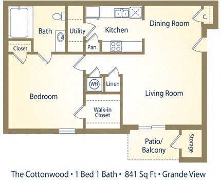 One Bedroom Floorplan One Bedroom Floorplan at Grande View Apartment Homes, Biloxi, 39531