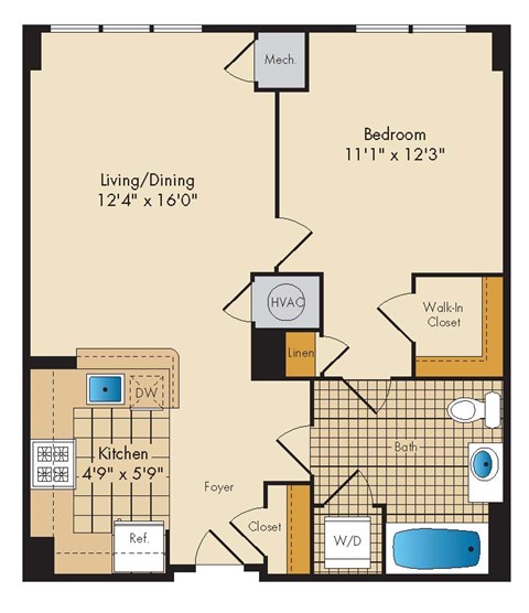 1 Bedroom 1D-A Floor Plan at Highland Park at Columbia Heights Metro, Washington, Washington
