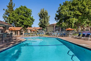 Resort Style Swimming Pool- Lounge Chairs, Hot Tub, and Umbrellas Swimming Pool