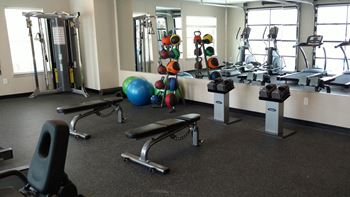 Fitness center on third floor with glass garage doors that open out to pool deck – currently the only apartments with a fitness center in Lakeview.  Includes cardio machines, free weight machines, treadmills, ellipticals, bikes, kettle bells, and bosu balls.