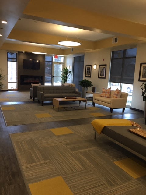 A living room with a grey couch and a yellow cushion.
