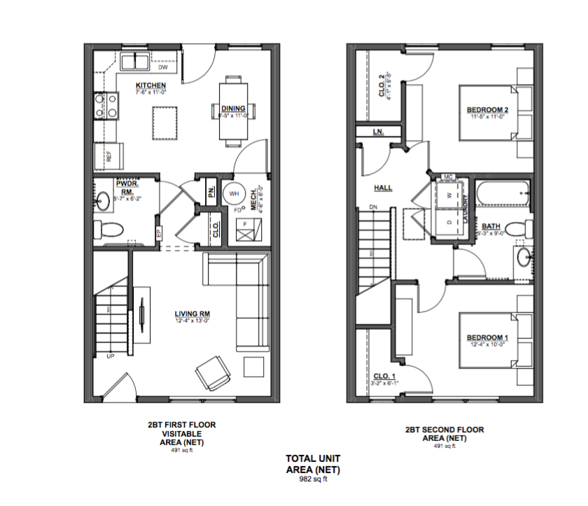 Two bedroom 2D townhome floorplan_Cornerstone Village Phase I Pittsburgh, PA