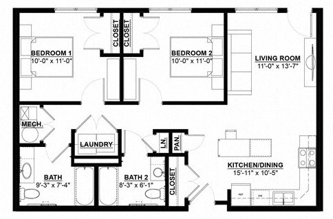 Two Bedroom Two Bath Floor Plan 3