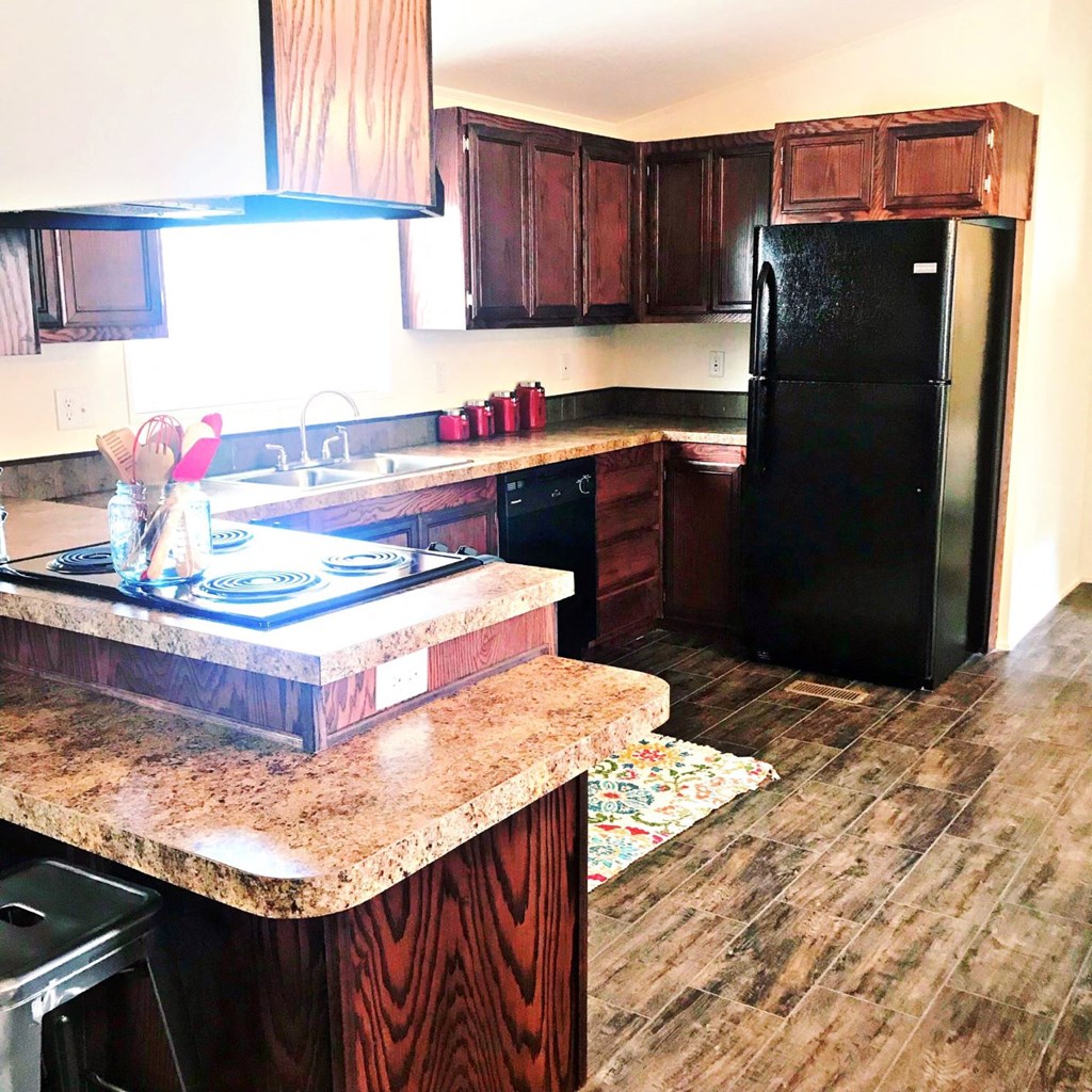 a kitchen with a black refrigerator and a counter top