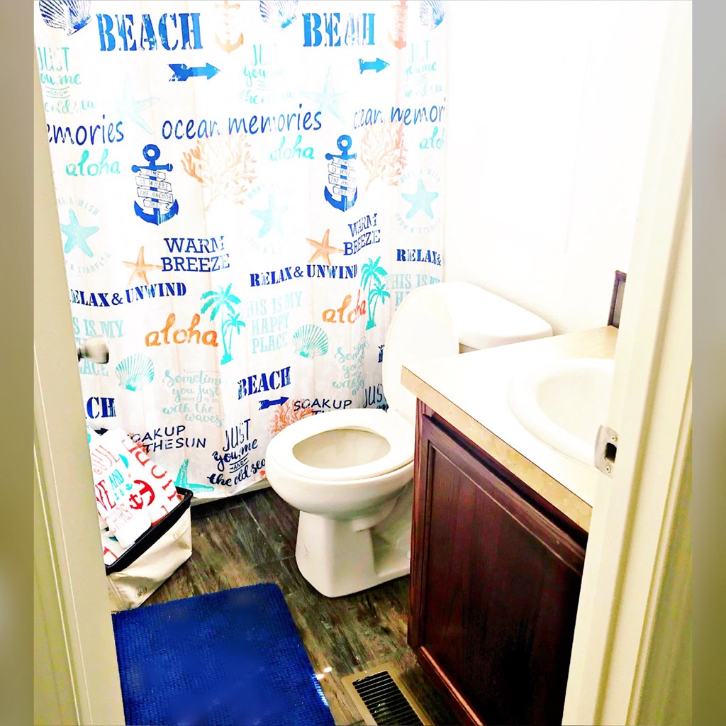 a bathroom with a toilet and a sink and a shower curtain