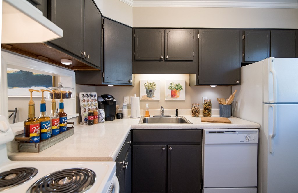 a kitchen with white appliances and black cabinets