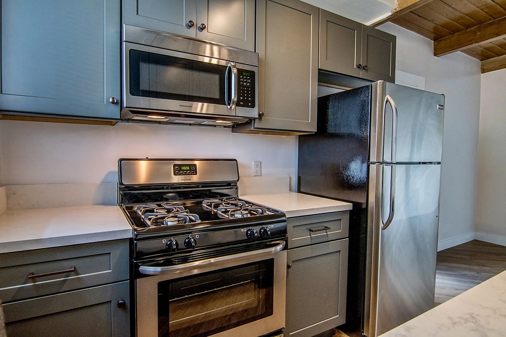 a kitchen with stainless steel appliances and a refrigerator