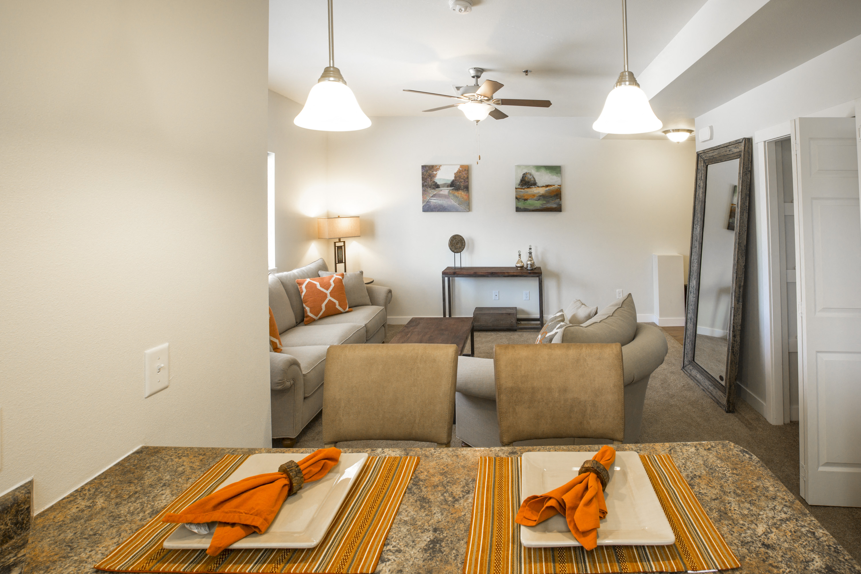 Image of a carpeted room with overhead light