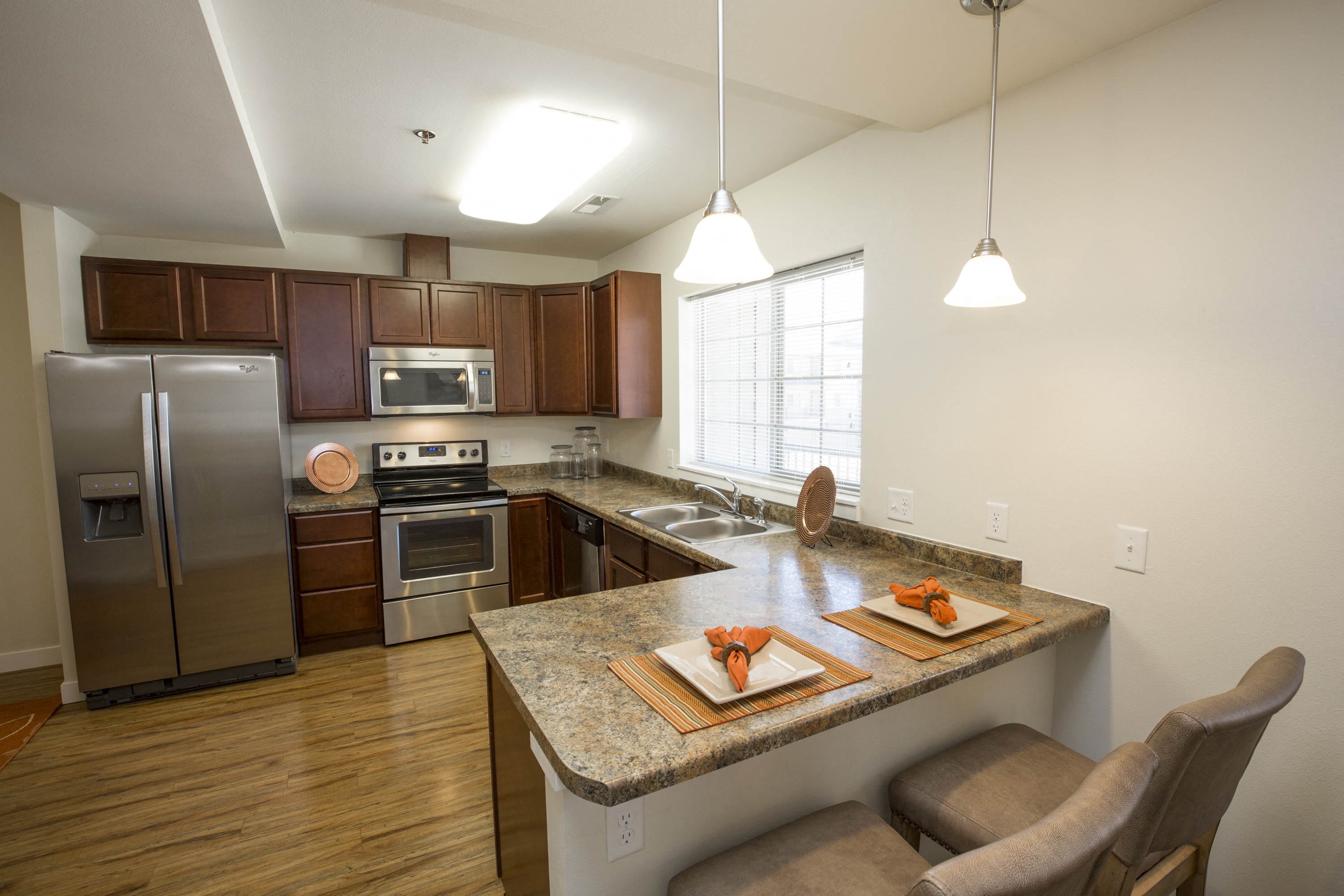 Image counter space, refrigerator, stove, microwave, and sink