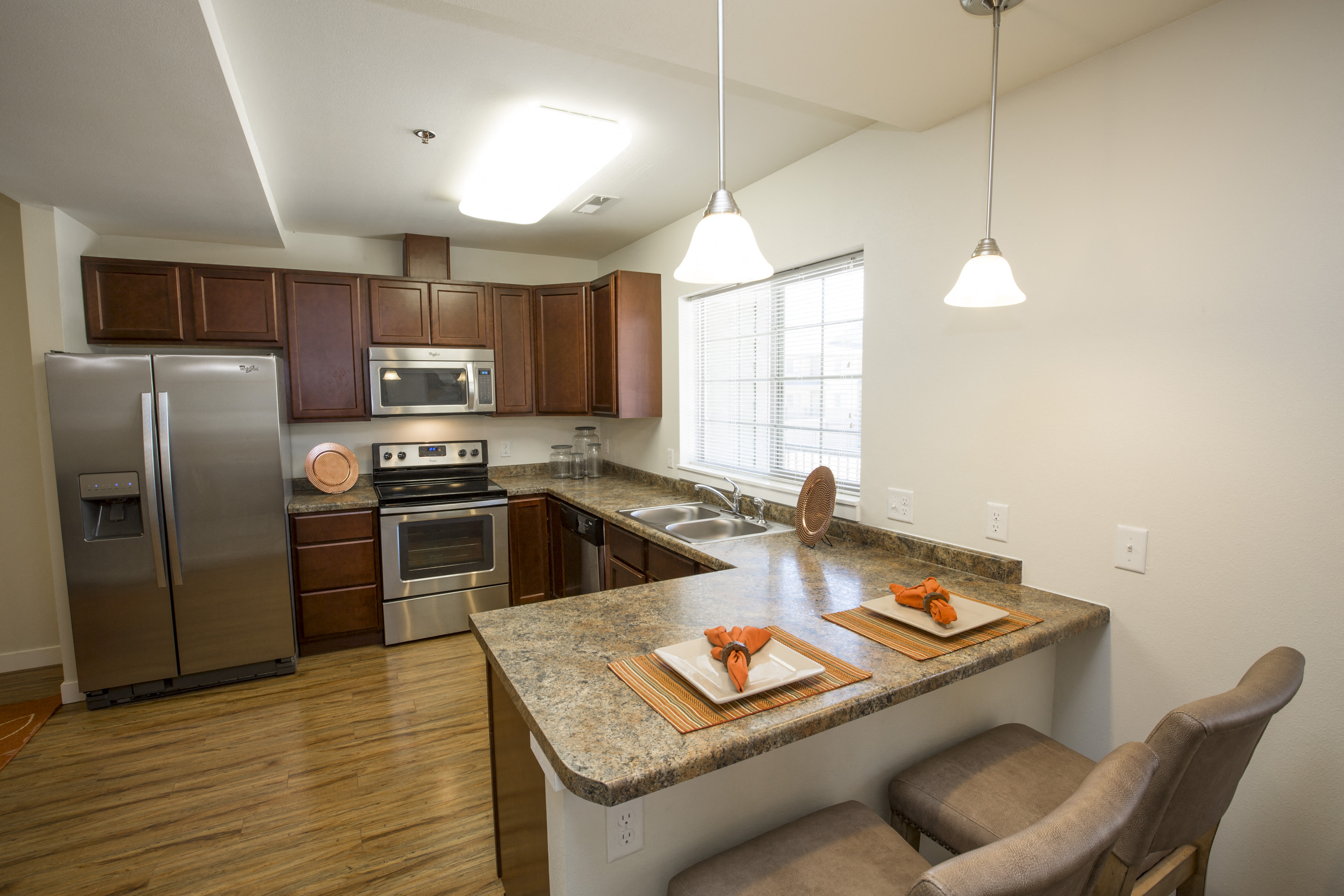 Image counter space, refrigerator, stove, microwave, and sink