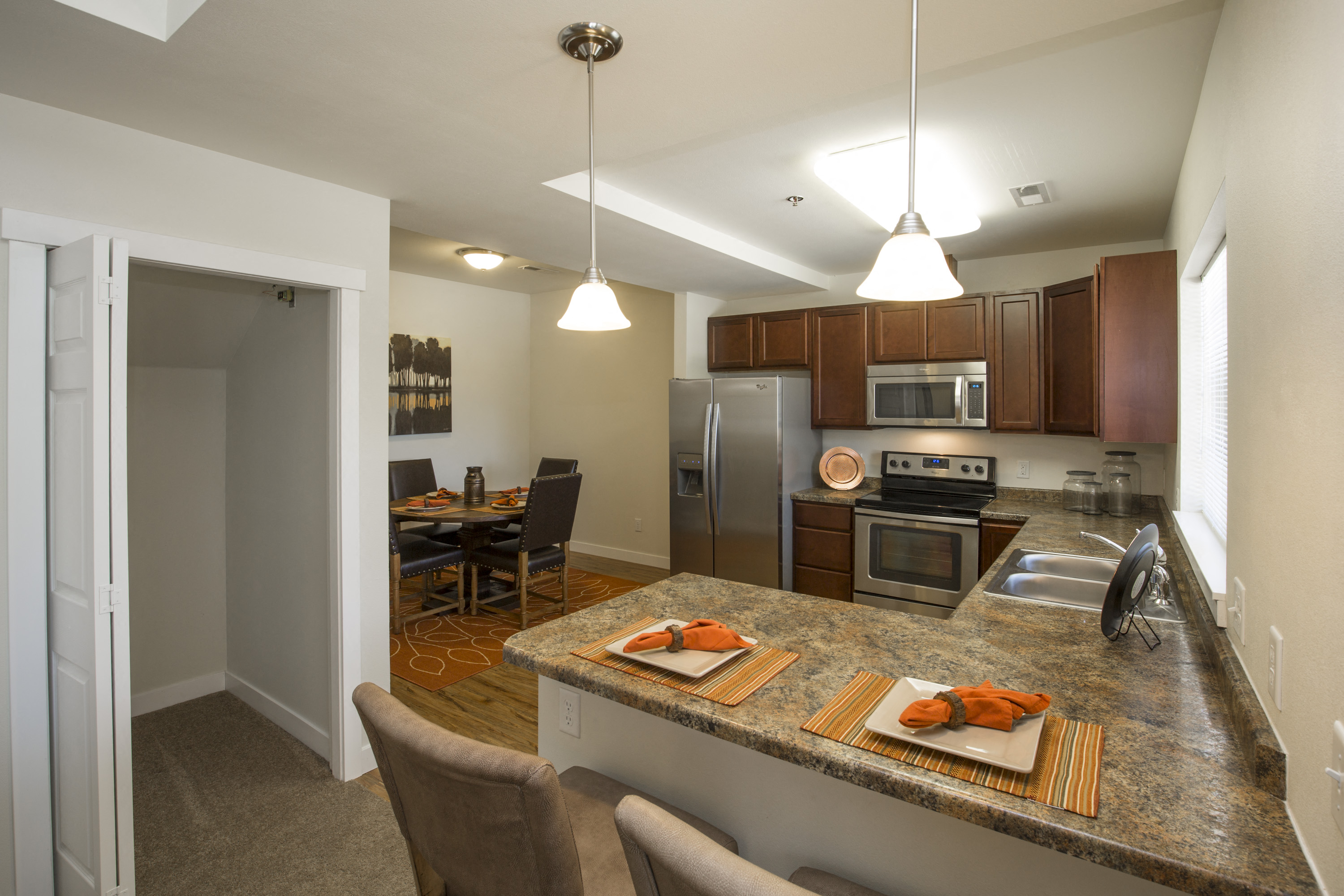 Image counter space, refrigerator, stove, microwave, and sink