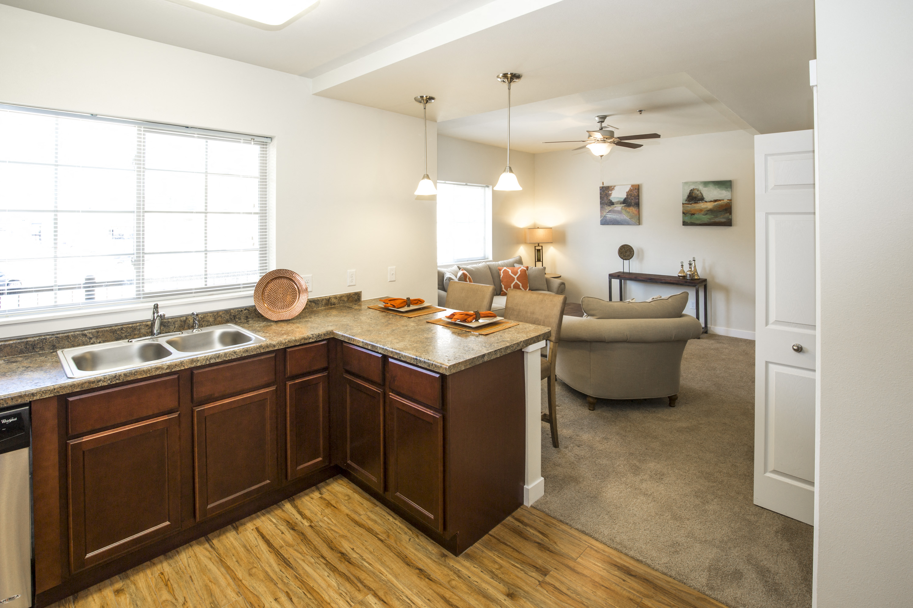 Imaged of counter space, cabinets, dishwasher, and sink