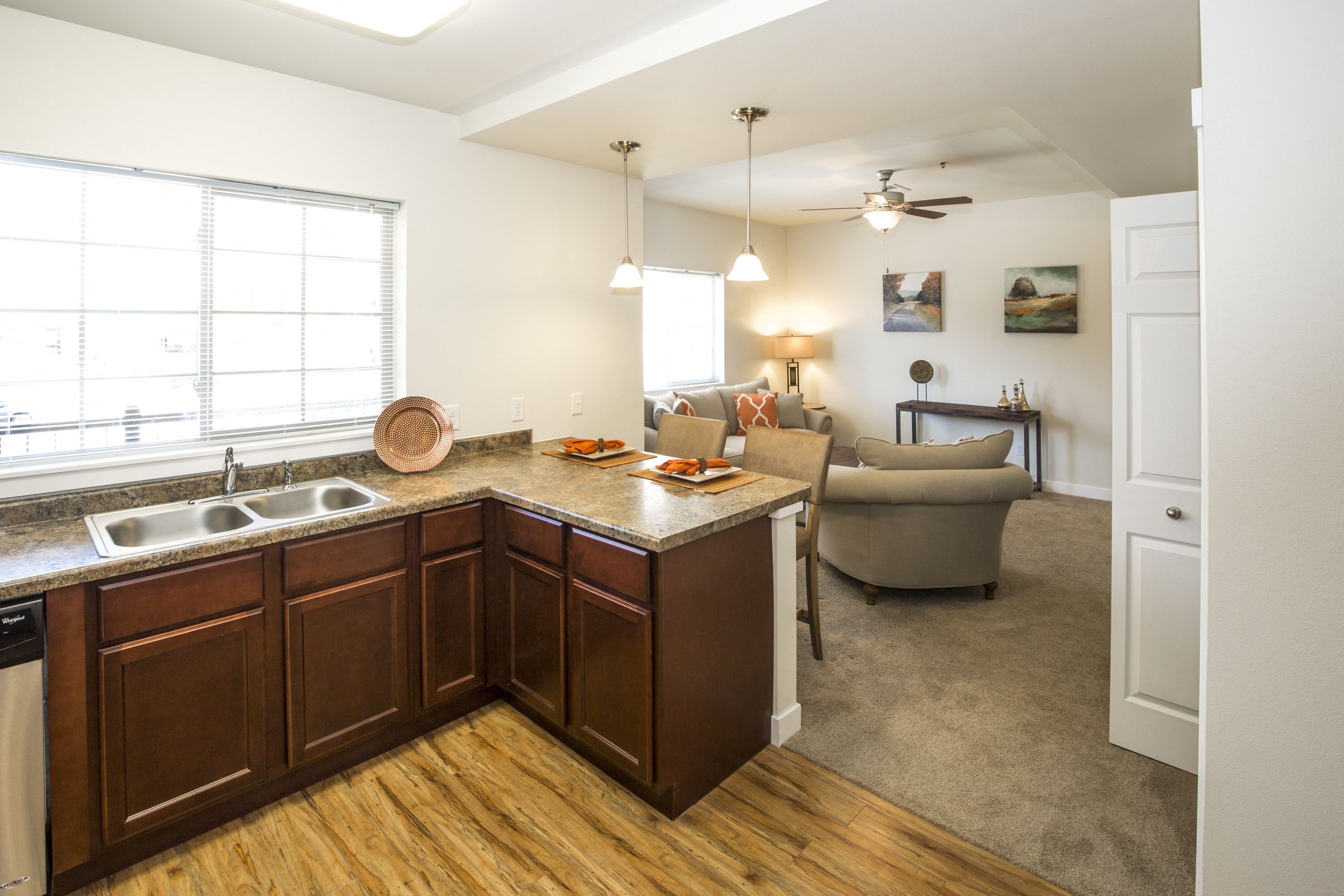 Imaged of counter space, cabinets, dishwasher, and sink