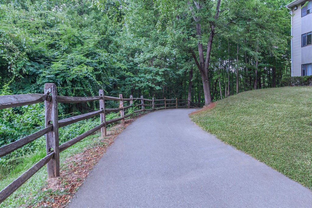 A paved walkway with a wooden fence on the left side and trees on both sides.
