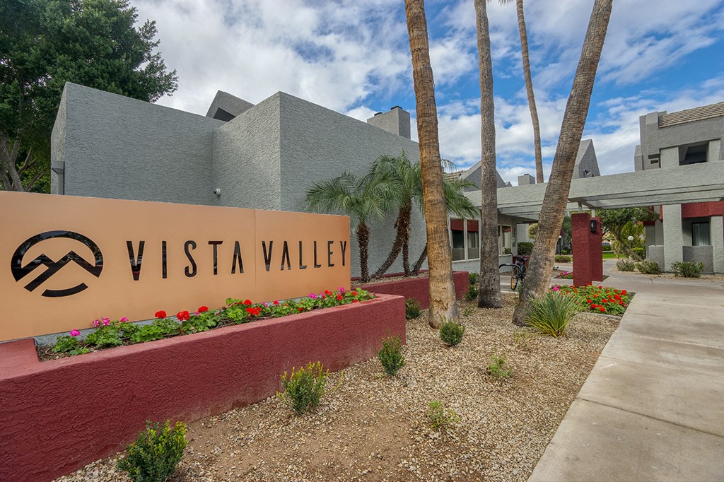 a view of the sign in front of a building