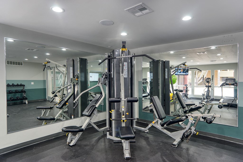 a gym with weights and cardio equipment in a building
