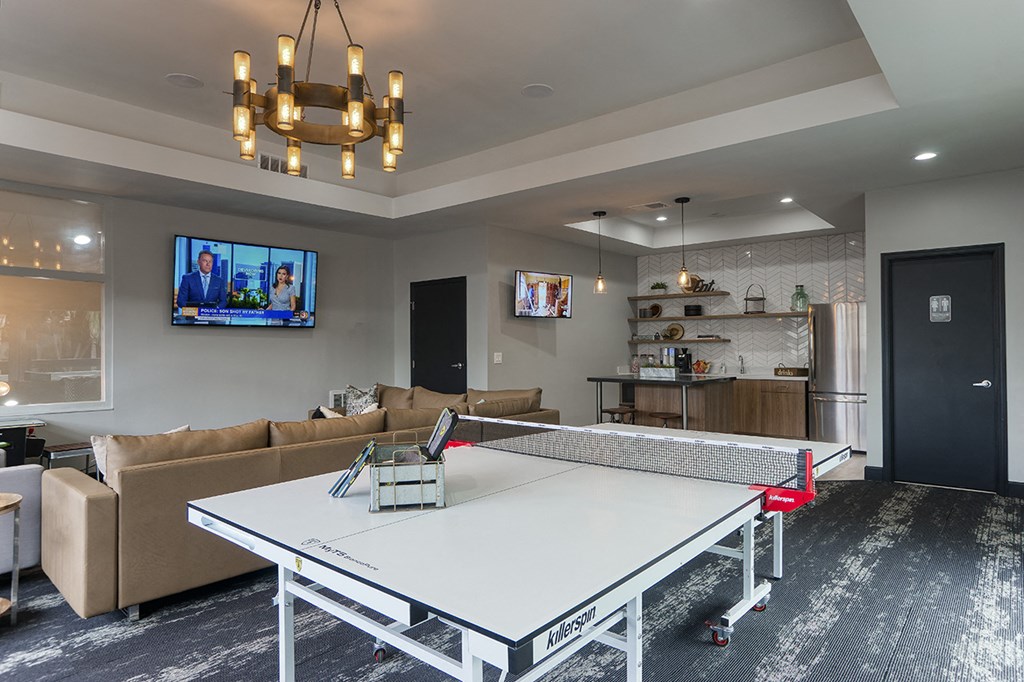 a ping pong table in a room with a couch and a tv