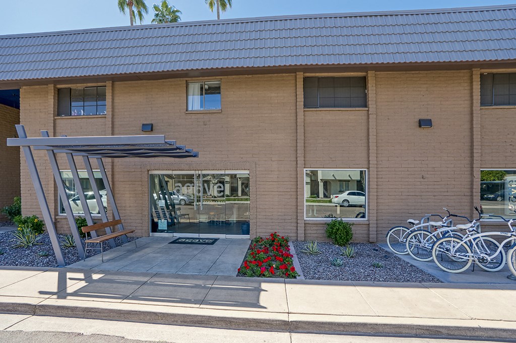 a building with bikes parked in front of it