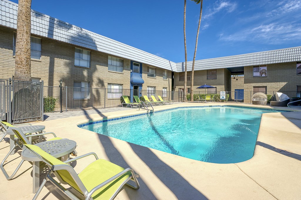 our apartments have a large pool and lounge chairs
