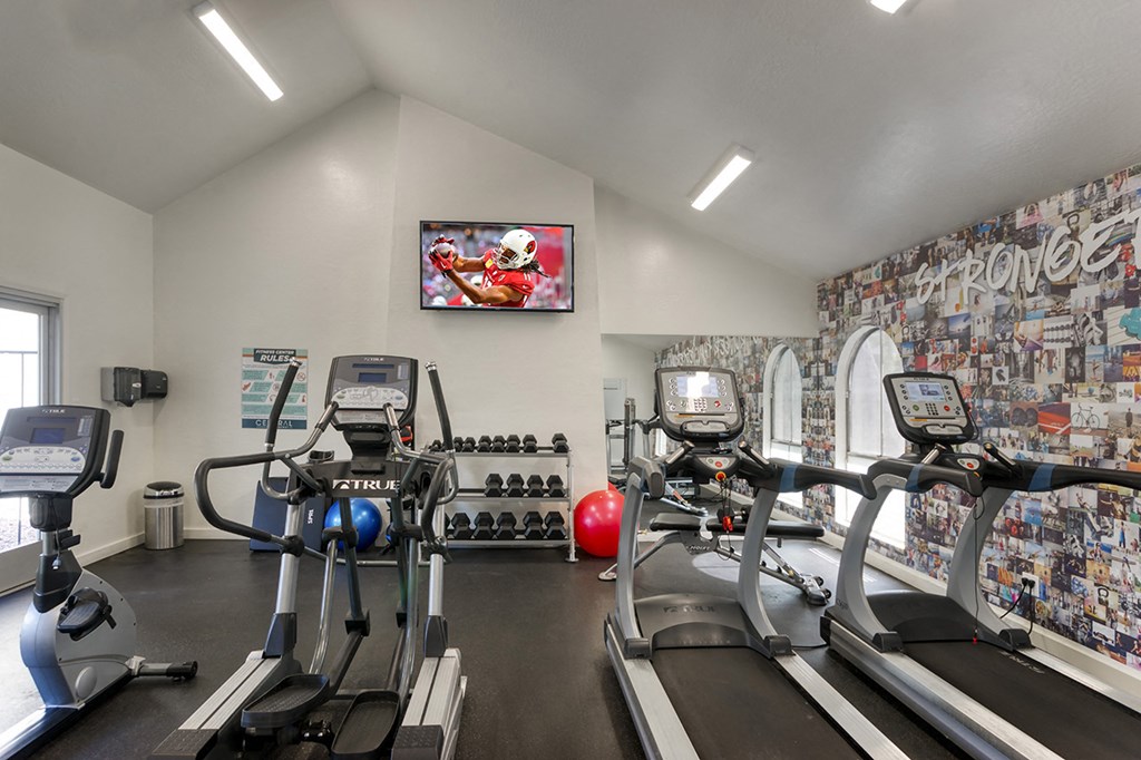 a gym with treadmills and other exercise equipment