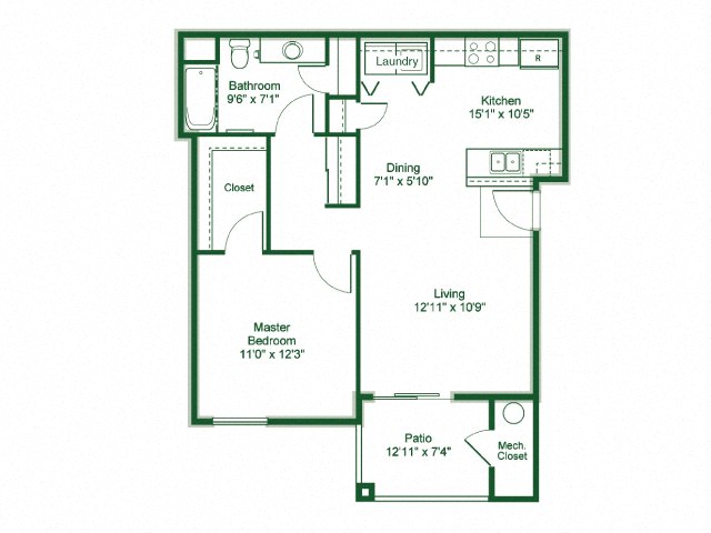 1 Bedroom 1 Bath floor plan, 841 square feet