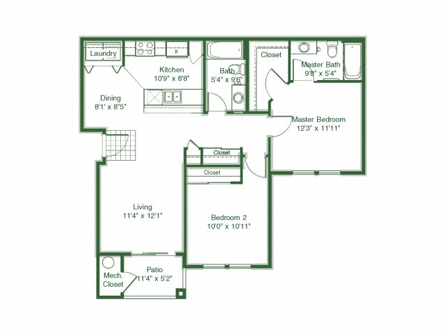 2 Bedroom 2 Bath floor plan, 1,016 square feet