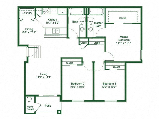 3 Bedroom 2 Bath floor plan, 1,181 square feet