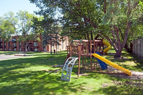 a playground with a playset and a slide in a park