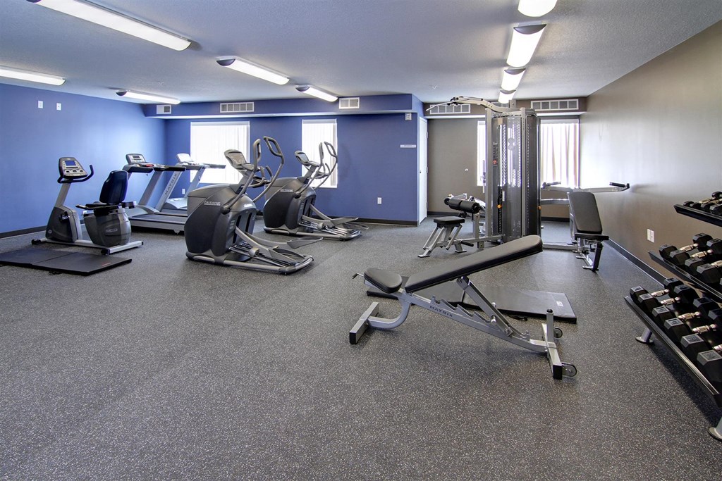 a gym with cardio equipment and weights in a building with blue walls