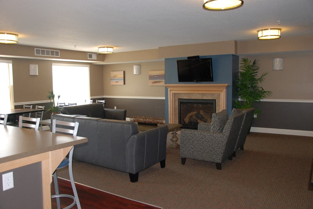 a living room with couches and chairs and a fireplace