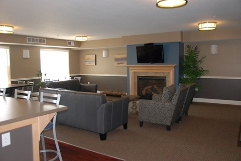 a living room with couches and chairs and a fireplace