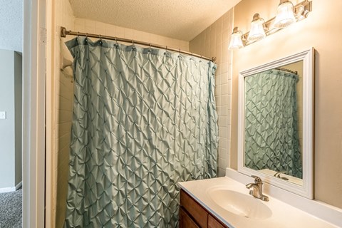a bathroom with a shower and a sink and a mirror