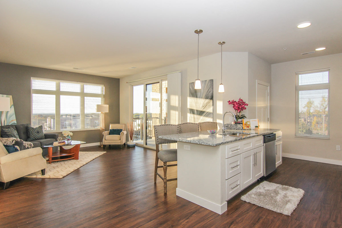 a living room with a kitchen and a dining room