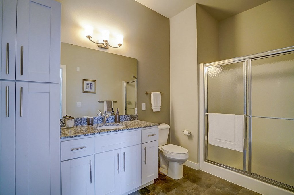 a bathroom with a sink toilet and a shower