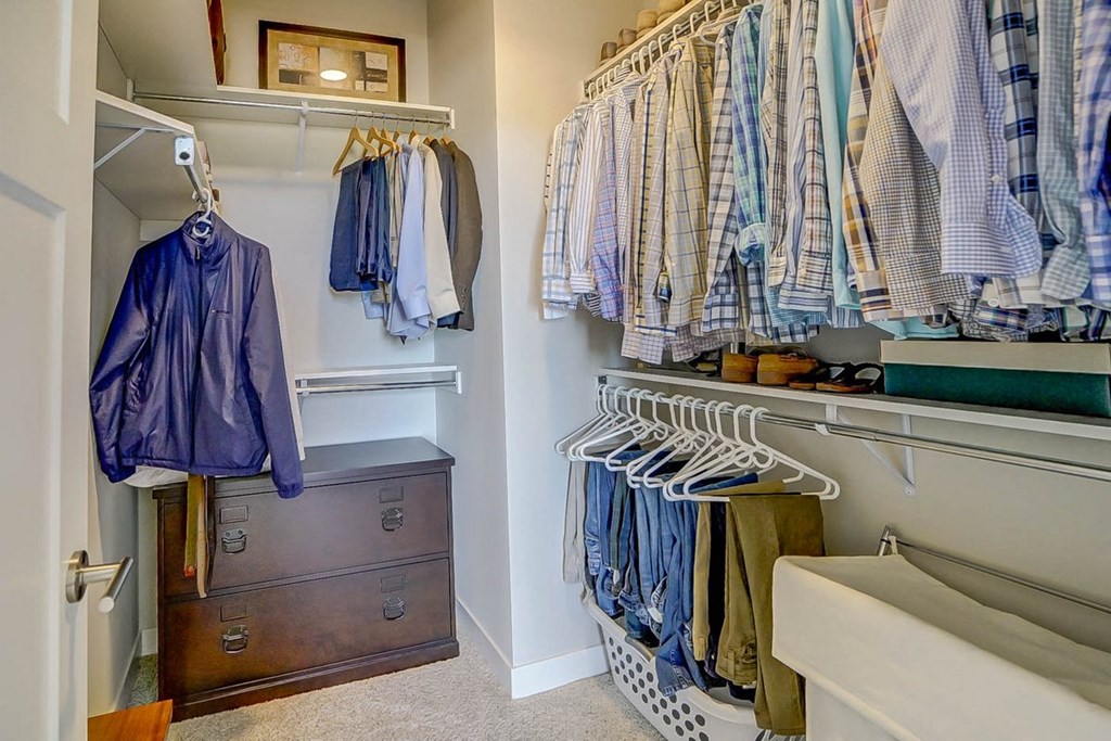 a closet with clothes hanging on a rack and a dresser