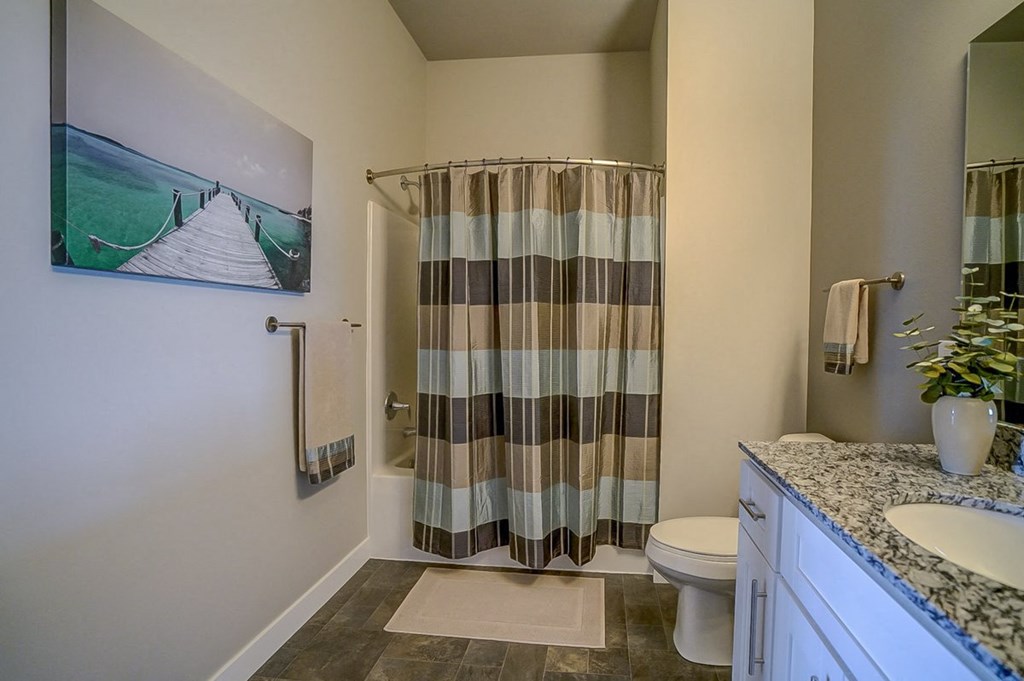 a bathroom with a shower and a toilet and a painting