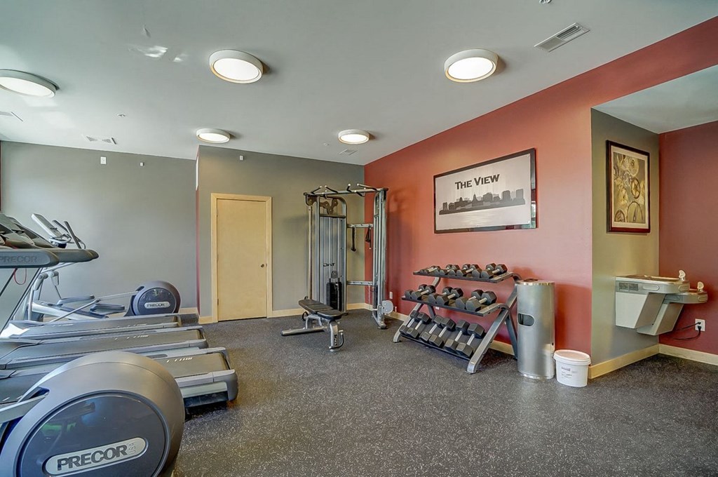 a gym with a lot of equipment and a mirror