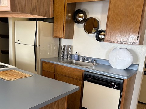 a small kitchen with a sink and a refrigerator