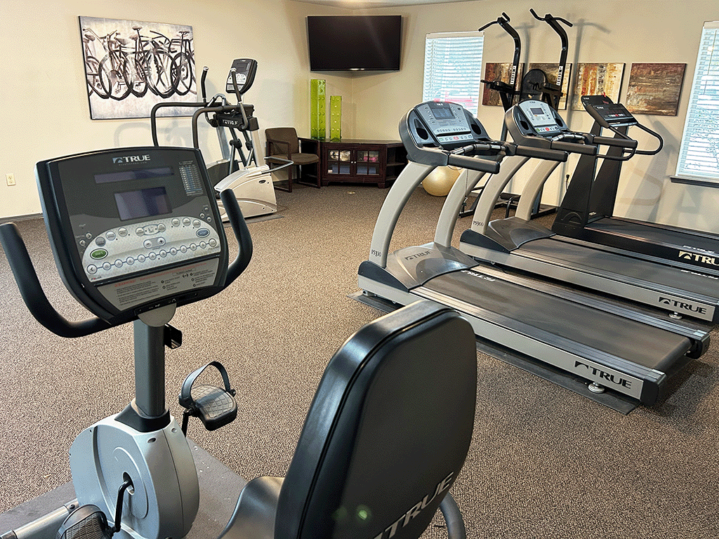a gym with various cardio machines and a tv