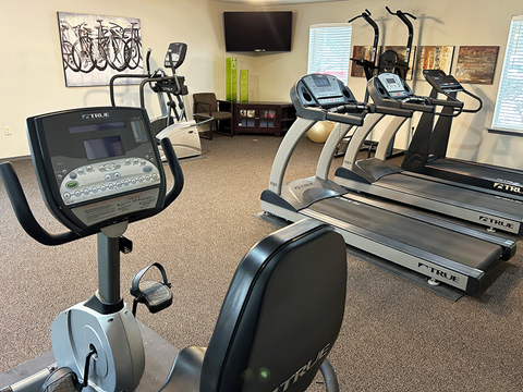 a gym with various cardio machines and a tv