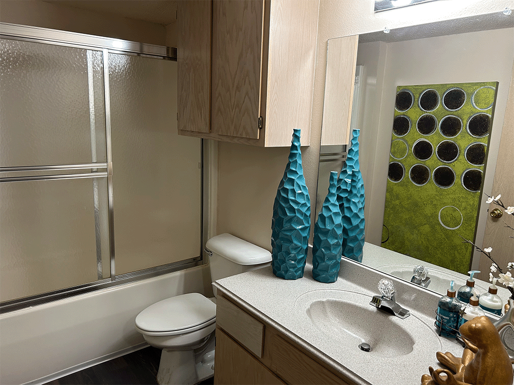a bathroom with two vases on the counter and a sink