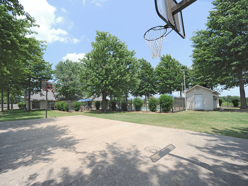 a basketball hoop in the middle of a basketball court