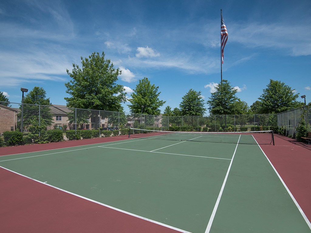a tennis court with an flag at the end of it