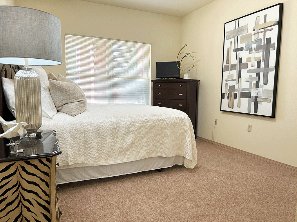 a bedroom with a bed and a dresser and a window