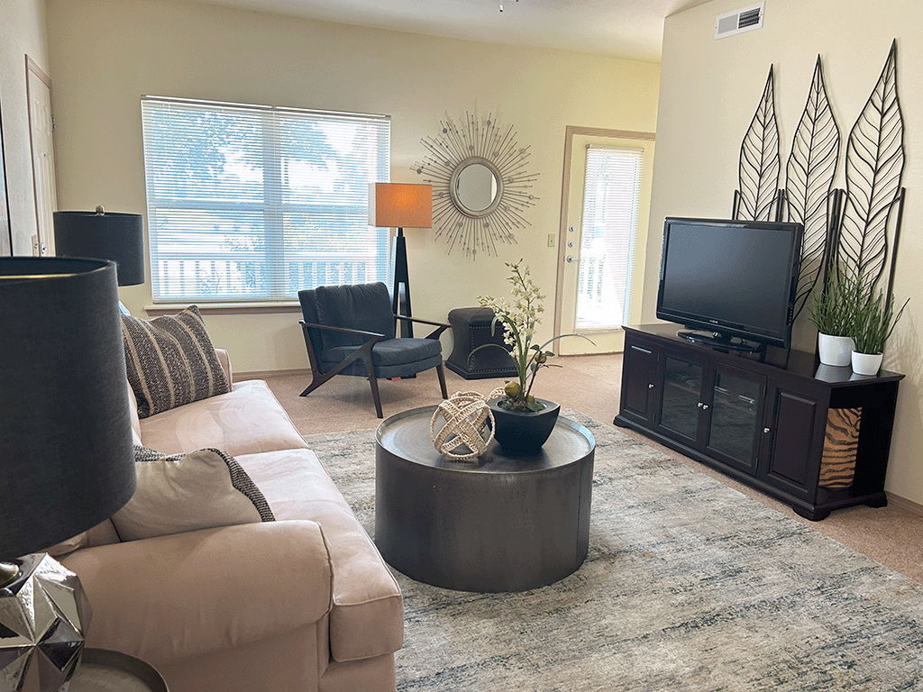 a living room with a couch and a tv