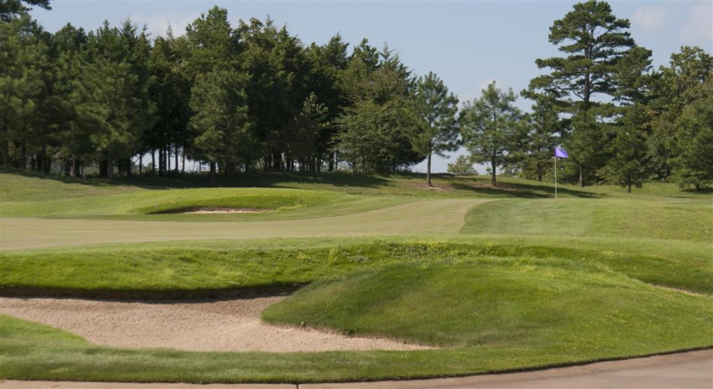 a golf course with green grass and trees